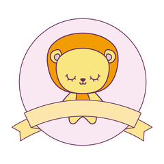 cute lion animal with ribbon in frame circular