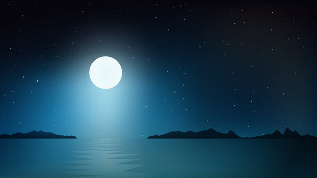 Vector night sky clouds. Moonlight. Moon over the sea. Background design. Vector illustration.