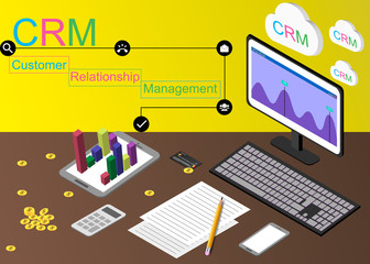 Isometric  flat Customer Relationship Management concept, CRM concept, vector illustration