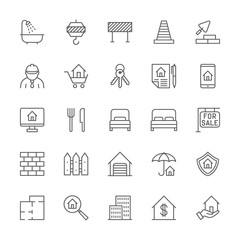 Set of Real Estate Line Icons. Bathroom, Industrial Crane, Road Barrier and more