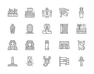 Set of Egyptian Culture Line Icons. Caravan, Hookah, Mummy, Scorpion and more.