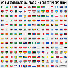 Vector collection of 208 national flags with detailed emblems of the world in correct proportion