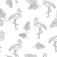 Black and white seamless pattern with  flamingos on white isolated background