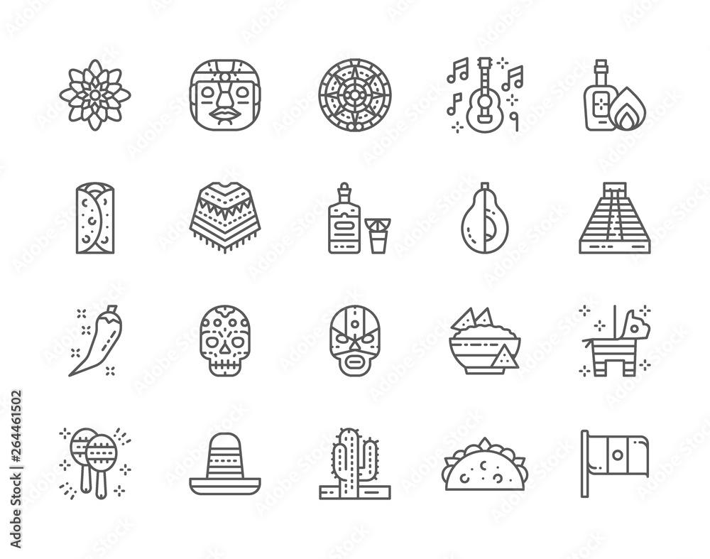 Sticker Set of Mexican Culture Line Icons. Tequila, Burrito, Poncho, Agave and more.