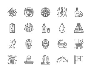 Set of Mexican Culture Line Icons. Tequila, Burrito, Poncho, Agave and more.