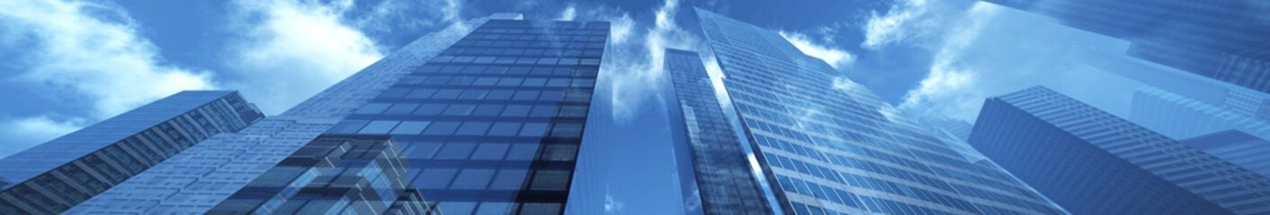 Panorama of beautiful skyscrapers against the sky with clouds. 3d rendering.