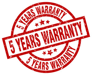5 years warranty round red grunge stamp