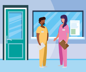 interracial couple medicine workers in reception hospital