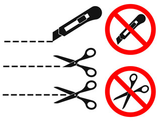 Cut line with scissors and stationery knife. Vector illustrations set. Sign prohibiting cutting packaging and parcels by knife and scissors. Black icons isolated on white.