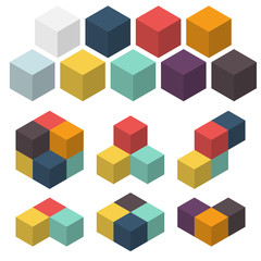 3D cubes. Set of colored spatial figures. Vector illustrations. Different combinations of cubes. Geometric logos isolated on white.