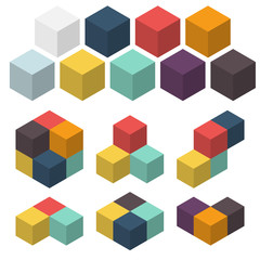 Obraz premium 3D cubes. Set of colored spatial figures. Vector illustrations. Different combinations of cubes. Geometric logos isolated on white.