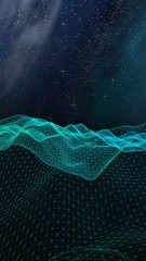 Abstract landscape on a dark background. Cyberspace grid. hi tech network. Outer space. Vertical orientation. Starry outer space texture. 3D illustration