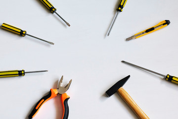 Various repair tools. Equipment for building. White background top view copy space