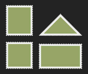 Postage stamp templates. Vector illustration isolated on black. Rectangular, square, triangular postage stamps with empty field.