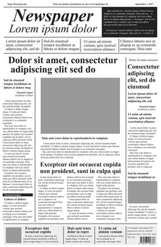 Newspaper. Vector template with lorem ipsum text and pictures. Headings, subheadings and columns with text. First page. Рoster in newspaper style or news site template.