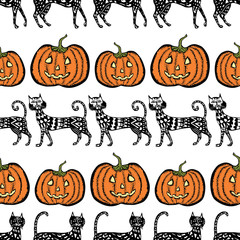 Seamless background of halloween cats and pumpkins