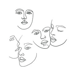 One line, drawing of set faces, fashion concept, woman beauty minimalist, vector 