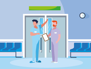 male medicine workers in elevator door