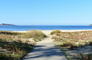 Beach with vegetation and wooden boardwalk. Blue sea, sunny day, Galicia, Spain.