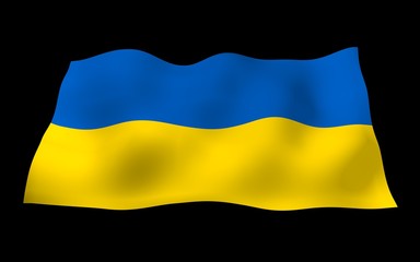 Obraz premium The flag of Ukraine on a dark background. National flag and state ensign. Blue and yellow bicolour. 3D illustration waving flag