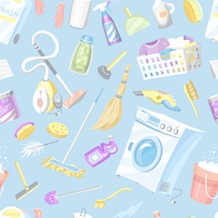 Cleaning tools seamless pattern. House icons background. Washing machine, Detergents Cleanser, Water bucket for Mopping, Chemicals Appliances for service. Cartoon Household. © artbalitskiy
