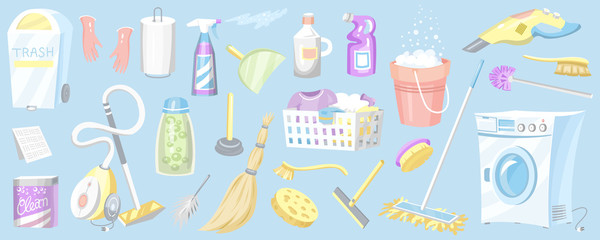 Set of Cleaning tools. Washing machine, Detergents Cleanser, Water bucket for Mopping, Chemicals Appliances for service. House icons for poster. Cartoon Household.