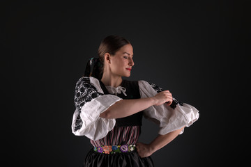 Slovak folklore. Slovakian folklore girl. Studio portrait.