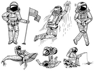 Set of Astronauts in space. Collection soaring spaceman with flag, Dancer musician adventure in the galaxy. Homeless traveler engraved hand drawn pop art comic sketch.