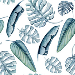 Seamless Pattern of Watercolor Palm Leaves