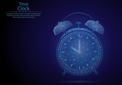 Abstract image Clock in the form of a starry sky or space, consisting of points, lines, and shapes in the form of planets, stars and the universe. Low poly vector background.
