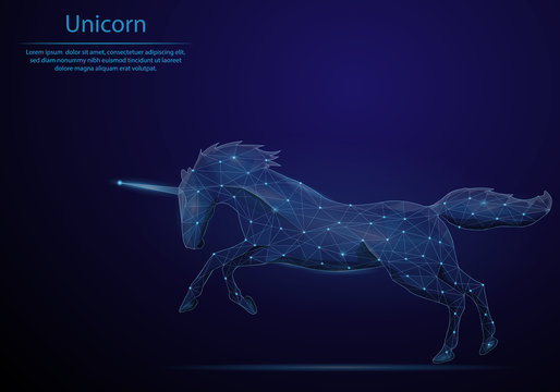Abstract image of a Unicorn in the form of a starry sky or space, consisting of points, lines, and shapes in the form of planets, stars and the universe. Low poly vector background.