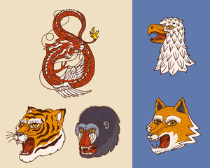 Obraz premium Vintage animal heads. Logo for t-shirt. Wild Asian Tiger, Chinese Dragon, fox, Falcon, Monkey. Translation The name of the Japanese mythological dragon. Hand drawn Engraved Monochrome.
