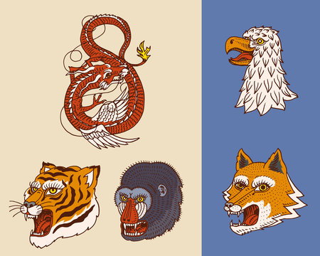 Vintage animal heads. Logo for t-shirt. Wild Asian Tiger, Chinese Dragon, fox, Falcon, Monkey. Translation The name of the Japanese mythological dragon. Hand drawn Engraved Monochrome.