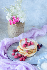 Fritters with raspberries on a gray plate front view close-up against the background of a concrete wall and pink flowers