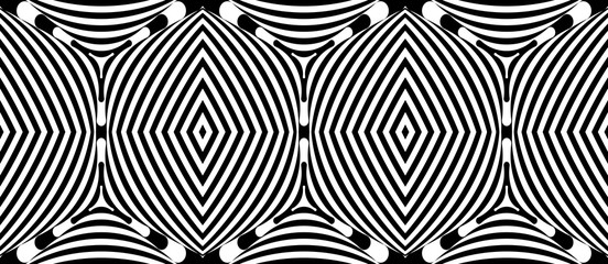 Seamless pattern with hypnotic trance texture. Abstract black and white striped background. Op art monochrome abstraction. Psychedelic trippy art.