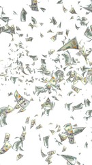 Flying dollars banknotes isolated on white background. Money is flying in the air. 100 US banknotes new sample. 3D illustration