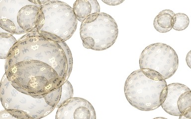 Bitcoin economic financial bubble. crypto currency 3D illustration. Business concept. Gold bubbles on white background. Bit, Coin, mining concept