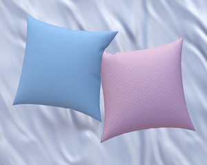 Two blank pink and blue soft square cotton pillows on white satin bedsheet, messy bed sheets,  mockup for your design, 3D render