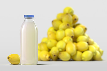 Close up of glass bottle of fresh lemon juice on light background. 3d rendering.