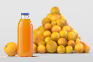 Close up of fresh orange juice in bottle on light background. 3d rendering.