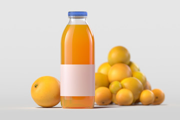 Close up of fresh orange juice in bottle on light background. 3d rendering.