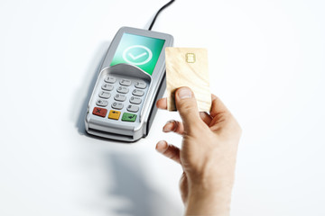 POS payment terminal and bank card isolated on white. NFC. 3d rendering.