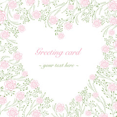 Wedding invitation, greeting card with drawn roses. Heart-shaped template with tender line pattern. Pastel colours pink and green. 