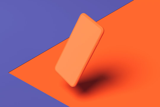 Blank Orange Mobile Phone On Orange And Violet Background. 3d Rendering