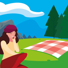 beautiful woman with beret seated in the park picnic day