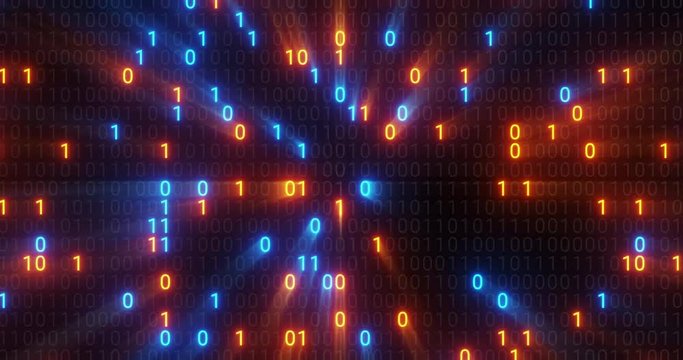 Abstract seamless blue orange digital binary code matrix background VJ loop with flare. Futuristic Big data information technology, data center, block chain, server, internet, hi-speed. 3D render