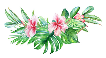 Fototapeta na wymiar Watercolor tropical design with flowers and plants isolated on white background.
