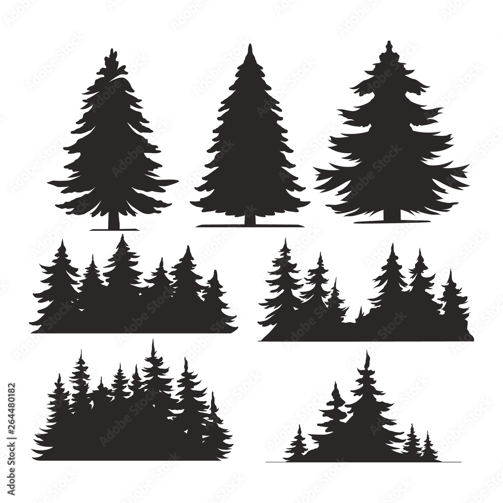 Poster Vintage trees and forest silhouettes set