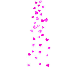 Mothers day background with pink glitter confetti. Isolated heart symbols in rose color. 