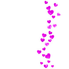 Mothers day background with pink glitter confetti. Isolated heart symbols in rose color. 